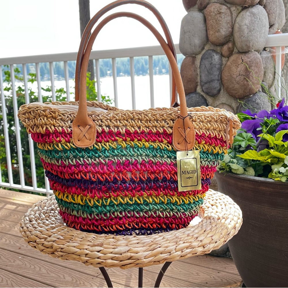 NWT Magid Multicolored Striped Straw Leather Tote Beach Bag Boho Vacation Summer